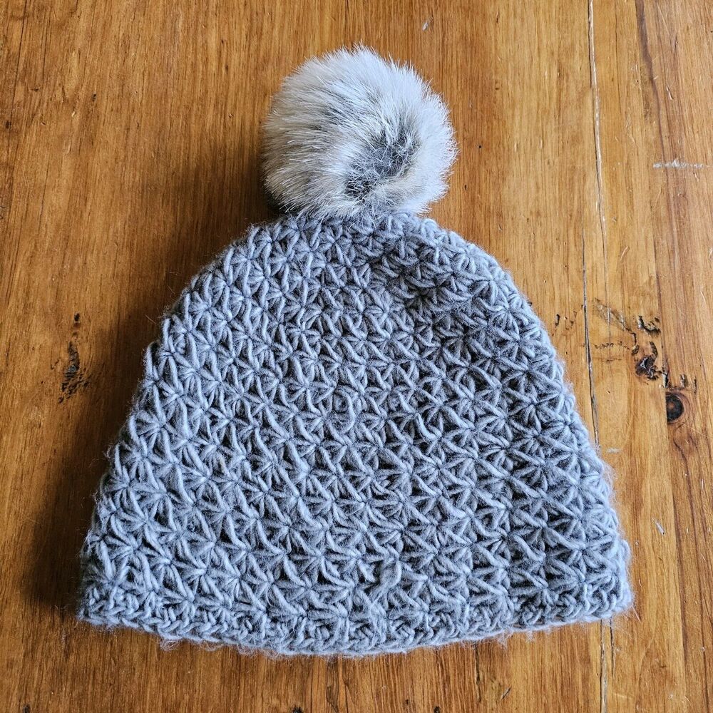 SURELL Gray Loose Knit Fleece Lined Beanie Hat With Faux Fox Fur Pom Pom